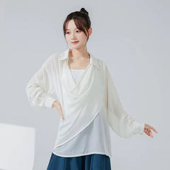 Long-Sleeve Cowl Neck Plain Asymmetrical Dance Top