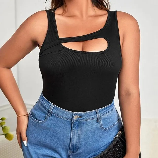 [XL -3XL] Plain Asymmetrical Cutout Ribbed Slim Fit Tank Top