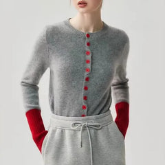 Crew Neck Contrast Cuff Button-Up Cardigan