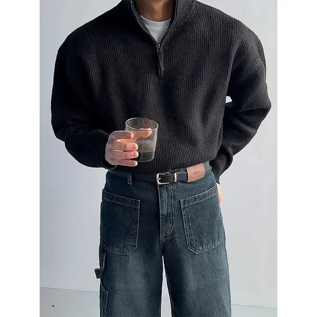Stand Collar Plain Ribbed Half Zip Sweater