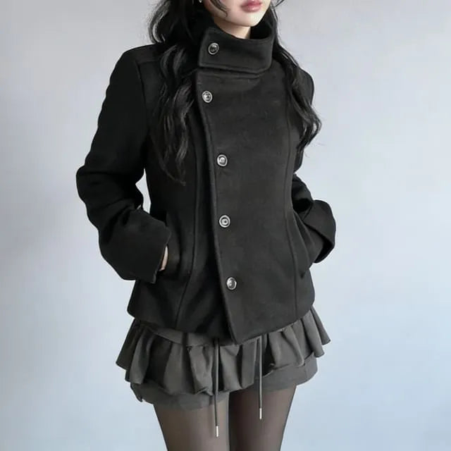 Stand Collar Plain Single Breasted Coat