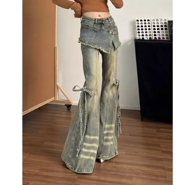Mock Two-Piece Low Waist Washed Bell Bottom Jeans