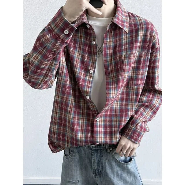 Long-Sleeve Collared Plaid Button Up Shirt