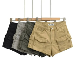 Mid Rise Washed Denim Cargo Shorts