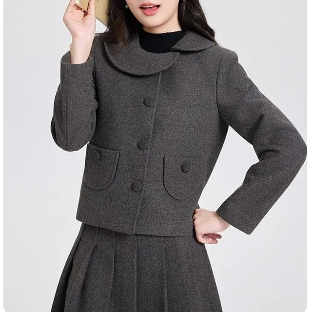 Asymmetrical Collar Plain Jacket / Midi A-Line Pleated Skirt / Set