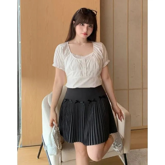 Puff Sleeve Square-Neck Plain Ruffled-Trim Blouse