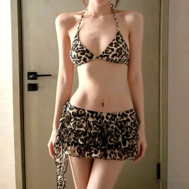 Set: Halter Leopard Print Bikini Top + Bottom + Tiered Cover Up Skirt