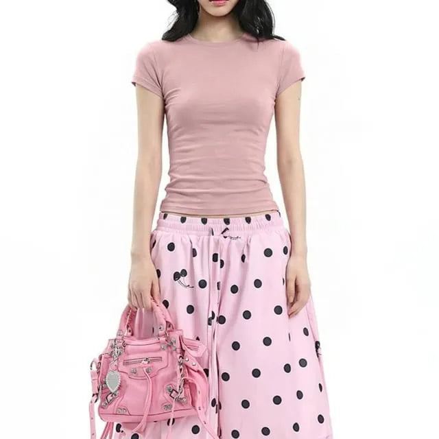 Short-Sleeve Crew Neck Plain Slim Fit Crop T-Shirt