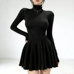 Long Sleeve Mock Neck Plain Mini A-Line Dress