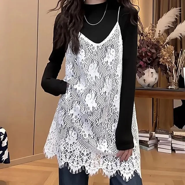Spaghetti Strap V-Neck Plain Sheer Lace Mini A-Line Dress