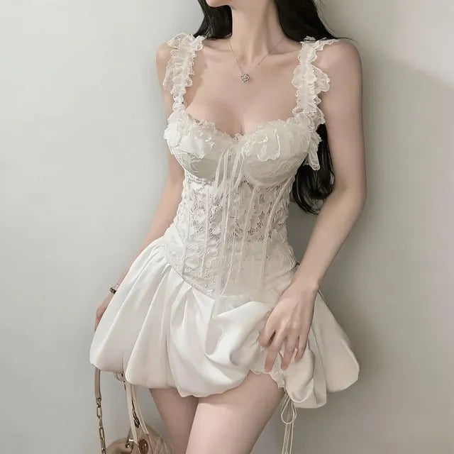 V-Neck Lace Crop Corset Top / High Waist Plain Bubble Hem Mini A-Line Skort