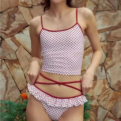 Polka Dot Contrast Trim Bikini Top / Tankini Top / Ruffle Trim Bottom / Crew Neck Button-Up Cover Up Jacket / Set
