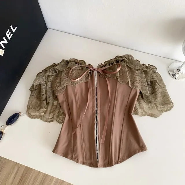 Short-Sleeve Off Shoulder Plain Lace Panel Bustier Top