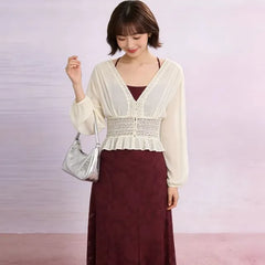 Long-Sleeve V-Neck Lace Panel Button-Up Sheer Crop Blouse