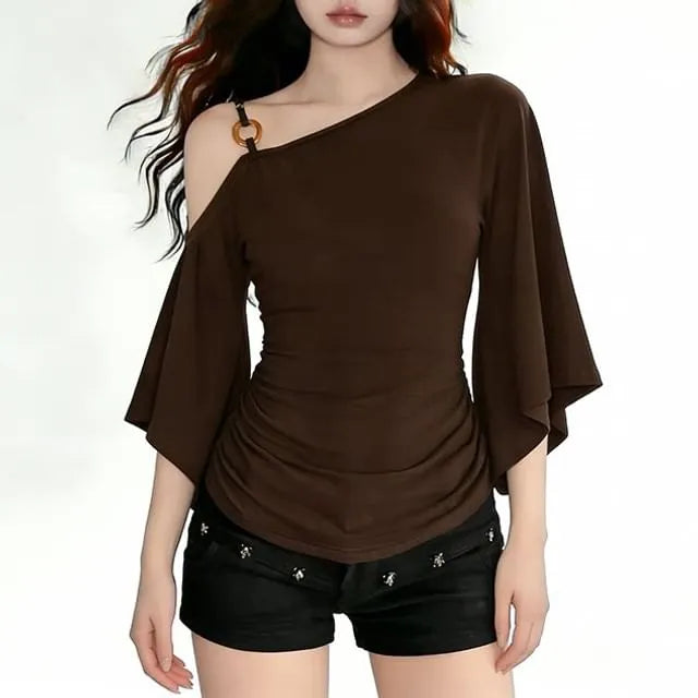 3/4-Sleeve Cold Shoulder Plain Ruched Slim Fit T-Shirt