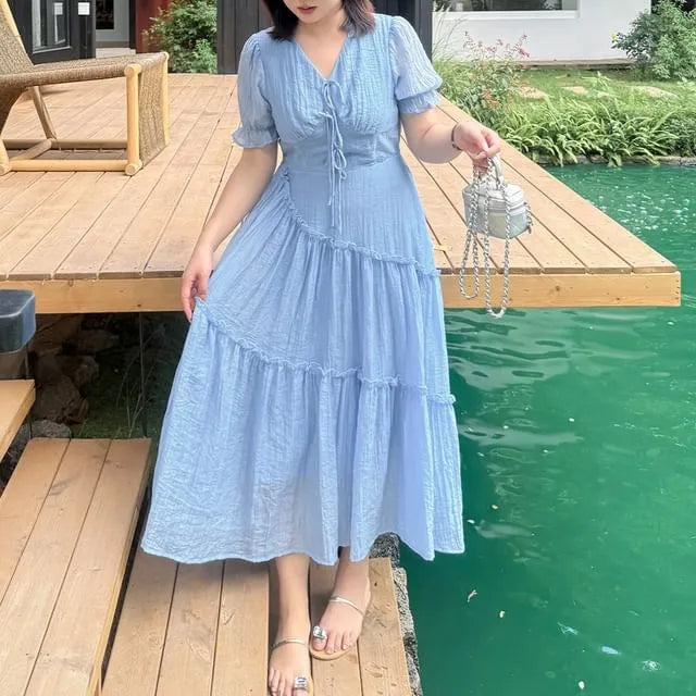 [XL-4XL] Puff-Sleeve V-Neck Plain Frill Trim Tie Front Midi A-Line Dress