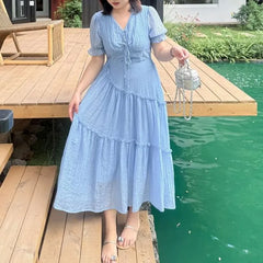 [XL-4XL] Puff-Sleeve V-Neck Plain Frill Trim Tie Front Midi A-Line Dress