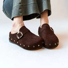 Platform Studded Buckled Faux Suede Mules
