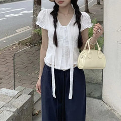 Short-Sleeve Tie Neck Plain Crop Top / Drawstring Waist Baggy Pants