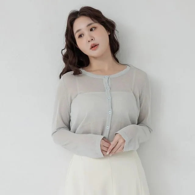 [L - 3XL] Plain Scoop Neck Long-Sleeve Cardigan
