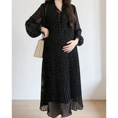 Maternity Long-Sleeve Tie-Neck Polka Dot Loose Fit Midi Dress