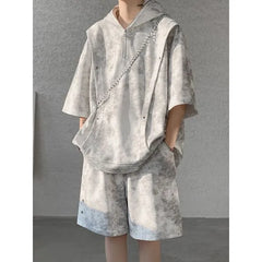Set: 3/4-Sleeve Tie Dye Grommet Half-Zip Hoodie + Elastic Waist Wide Leg Sweat Shorts