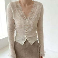 V-Neck Lace Panel Button-Up Sheer Cardigan