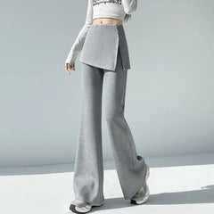 Mid Rise Plain Slit Skirt Overlay Flared Sweatpants