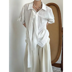 Short-Sleeve Ruffle Asymmetrical Plain Shirt