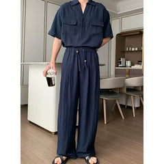 Short-Sleeve Half Buttoned Linen Overhead Shirt / Wide Leg Pants / Set