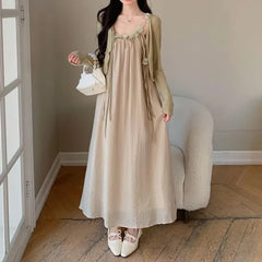 Maternity Plain Crop Cardigan / Spaghetti Strap Maxi A-Line Dress