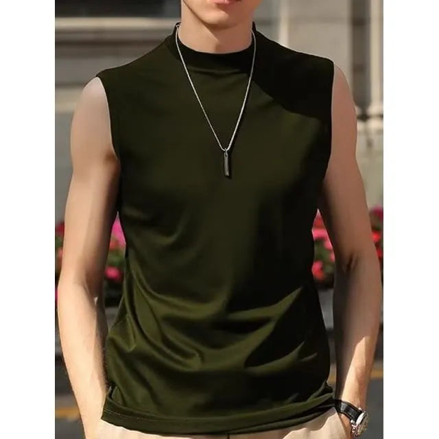 Sleeveless Mock Neck Plain T-Shirt