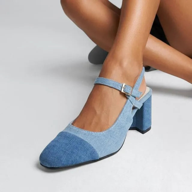 Slingback Denim/ Faux Leather Mary Jane Block Heel Pumps