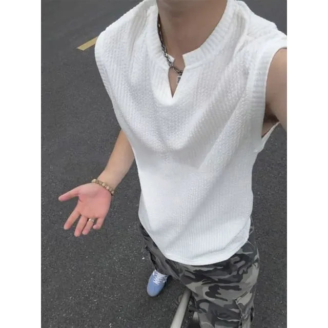 Sleeveless Notch Neck Plain Textured Top