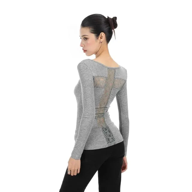 Long-Sleeve Scoop Neck Lace Panel Slim Fit T-Shirt