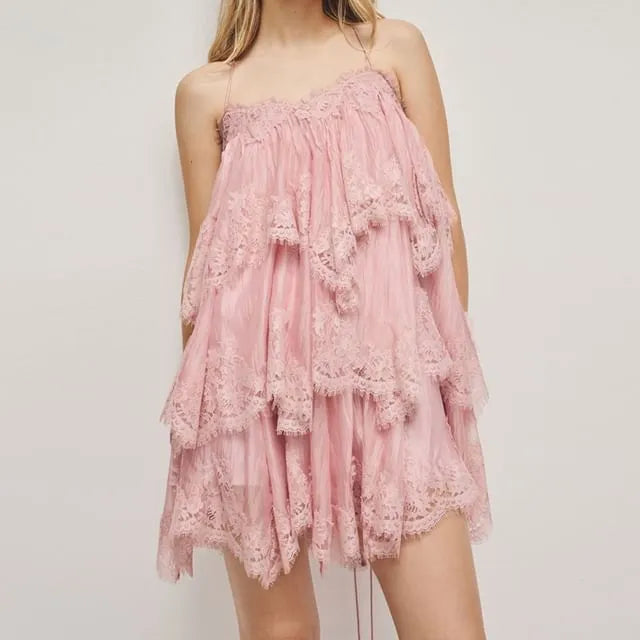 Spaghetti Strap Lace Mini Tiered Dress