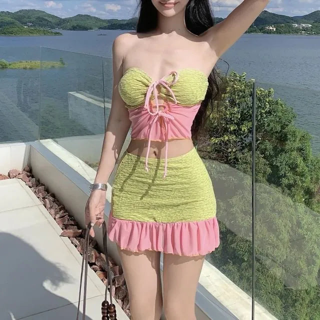 Set: Tie Front Panel Mesh Bandeau Bikini Top + Bottom + Ruffle Cover Up Skirt