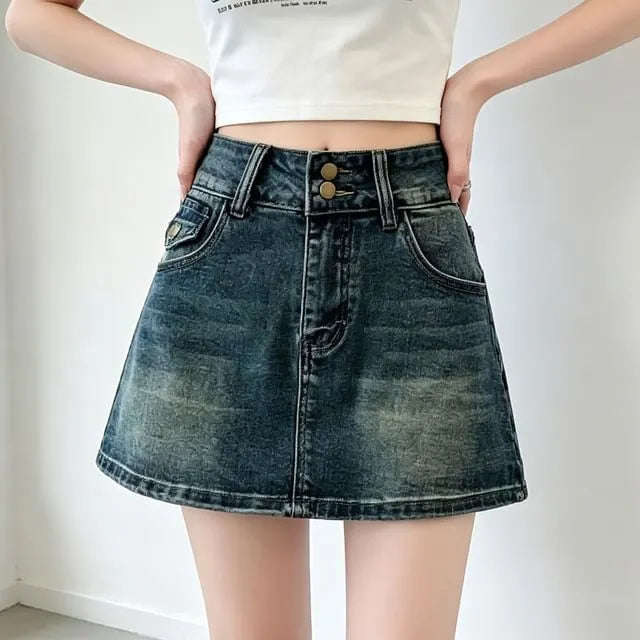 High Waist Washed Denim Mini A-Line Skort