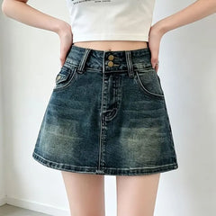 High Waist Washed Denim Mini A-Line Skort