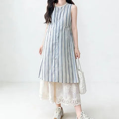 Maternity Sleeveless Round Neck Striped Button Midi A-Line Dress / Drawstring Waist Plain Lace Wide Leg Pants