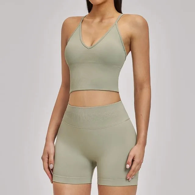 Set: Spaghetti Strap Plain Sports Bra + High Waist Yoga Shorts