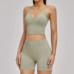 Set: Spaghetti Strap Plain Sports Bra + High Waist Yoga Shorts