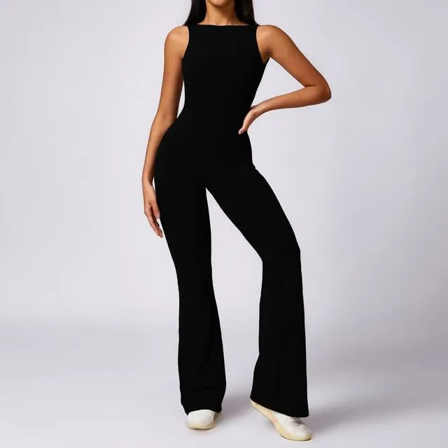 Sleeveless Plain Backless Flared Jumpsuit