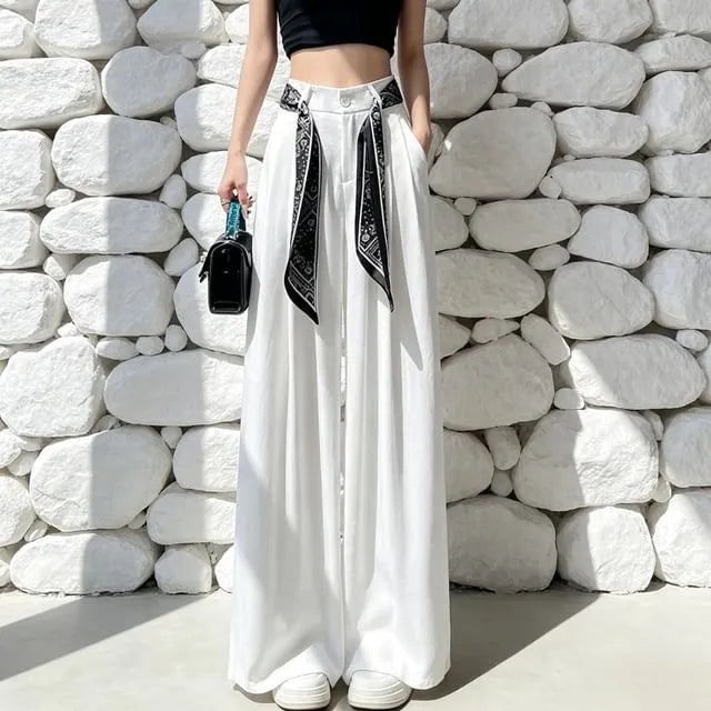Set: High Waist Plain Wide Leg Pants + Scarf