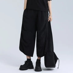 Elastic Waist Plain Cropped Wide Leg Pants