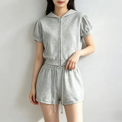 Short-Sleeve Zip-Up Plain Crop Hoodie / Drawstring Waist Hot Pants
