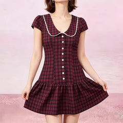 Short-Sleeve Peter Pan Collar Plaid Lace Trim Half-Buttoned Mini A-Line Dress
