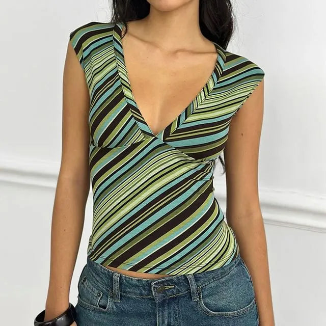 V-Neck Striped Color-Block Slim-Fit Crop Tank Top
