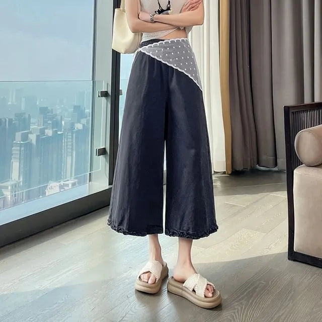 Set: High Waist Plain Frill Trim Cropped Wide Leg Pants + Lace Decorative Hem