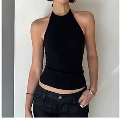 Halter Neck Plain Open-Back Slim-Fit Crop Tank Top